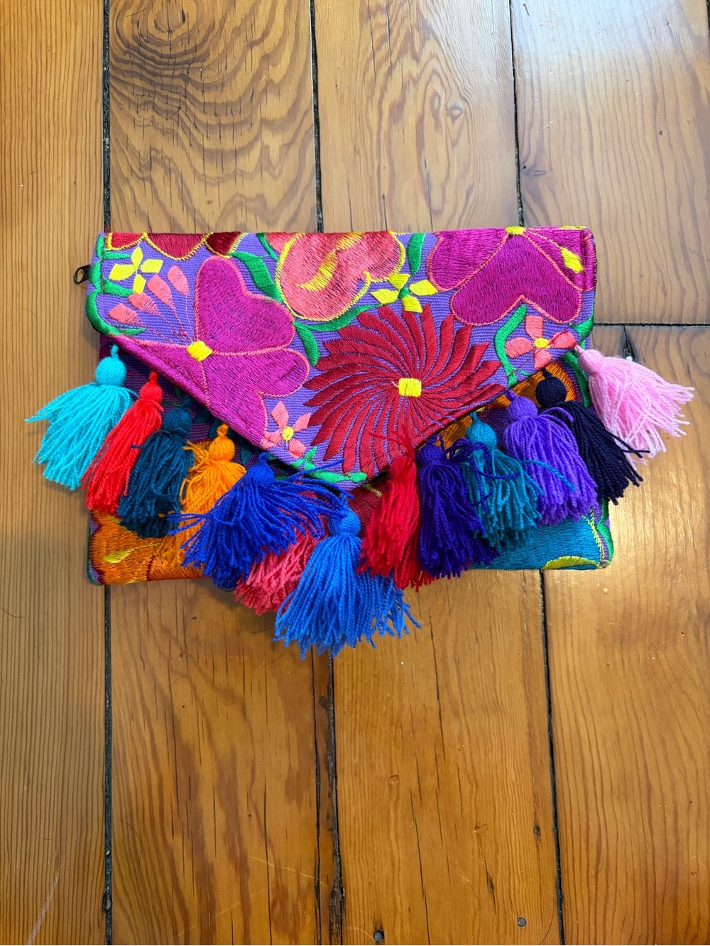 Vibrant Multicolor Floral Embroidered Tassel Clutch